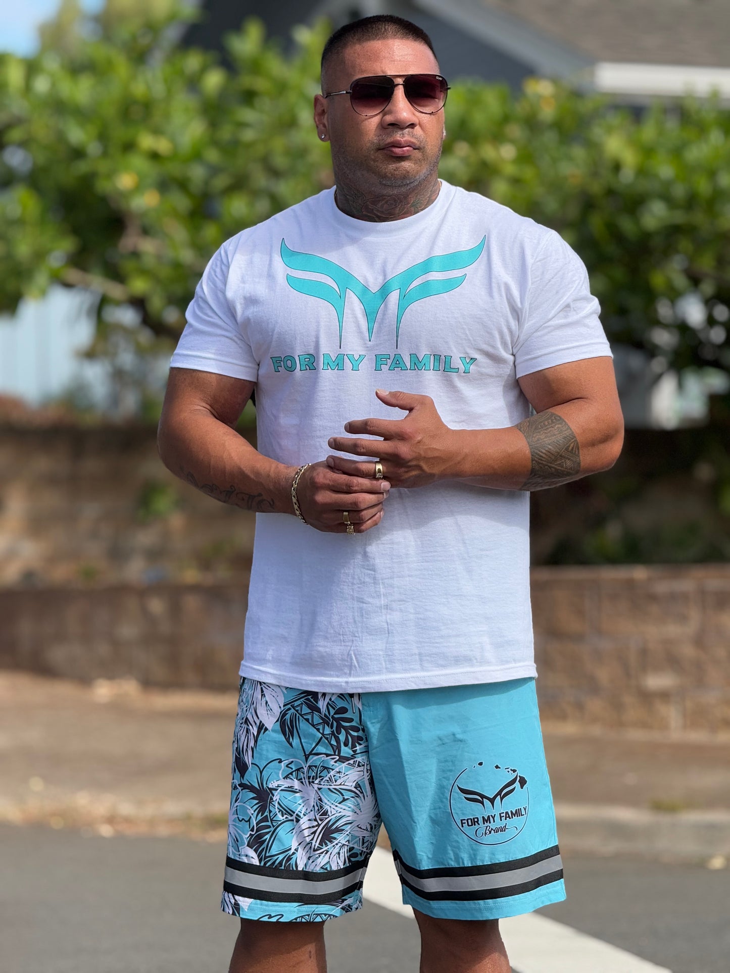 Blue floral surf shorts