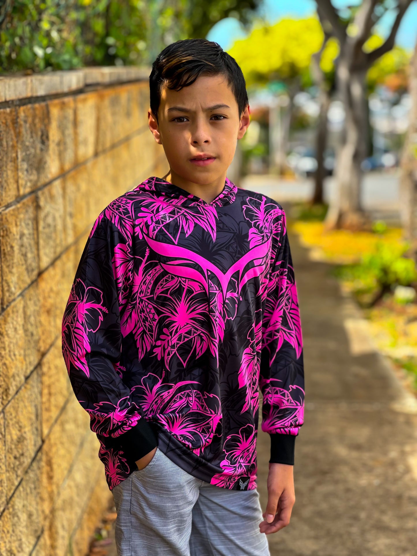 *KIDS* PINK & BLACK LS FLORAL HOODIE