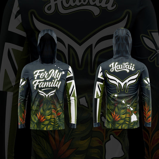 HOODED LONG SLEEVE- BLACK & GREEN FLORAL (HAWAII ROOTS)