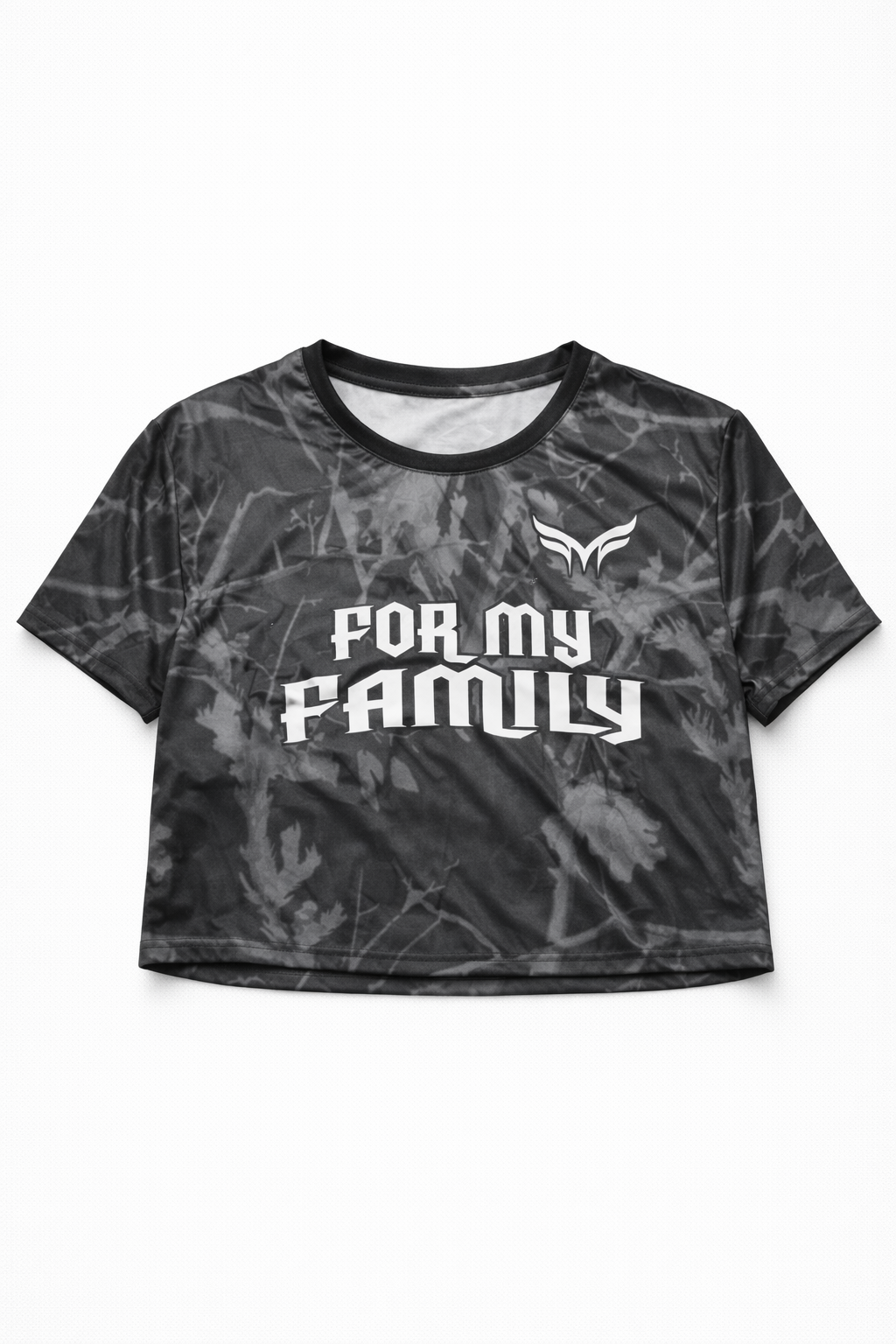 Black forest camo crop top with 'For My Family' text on a white background