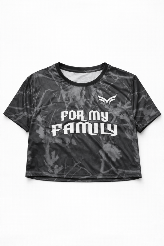 Black forest camo crop top with 'For My Family' text on a white background